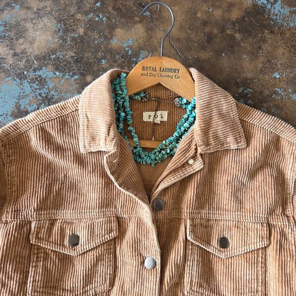 POL Cropped Corduroy Jacket Size S Tan Raw Hem Trucker Long Sleeve Festival - Picture 3 of 10